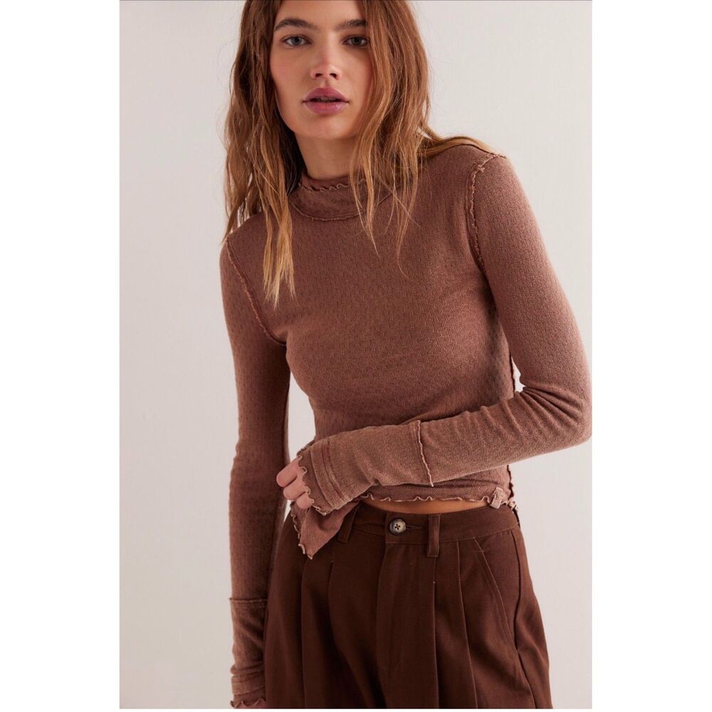 Free People Sara Pointelle Cool Brown 90's style Turtleneck Size XS